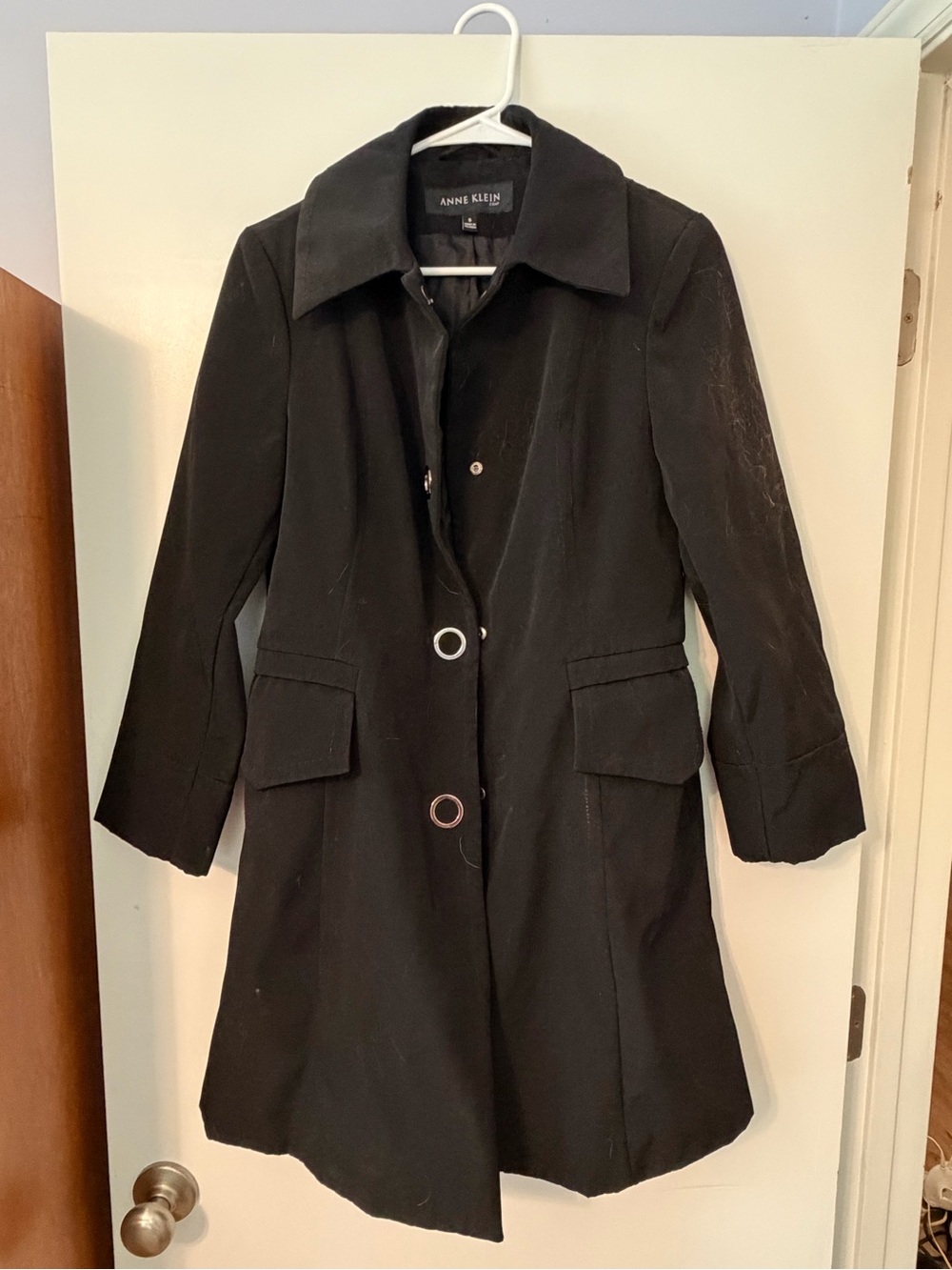 Anne Klein Black Women's Longline Ring-Button Trench Coat sz small